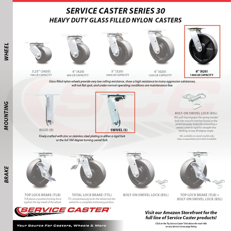 Service Caster 8 Inch Glass Filled Nylon Wheel Swivel Caster with Roller Bearing SCC-30CS820-GFNR